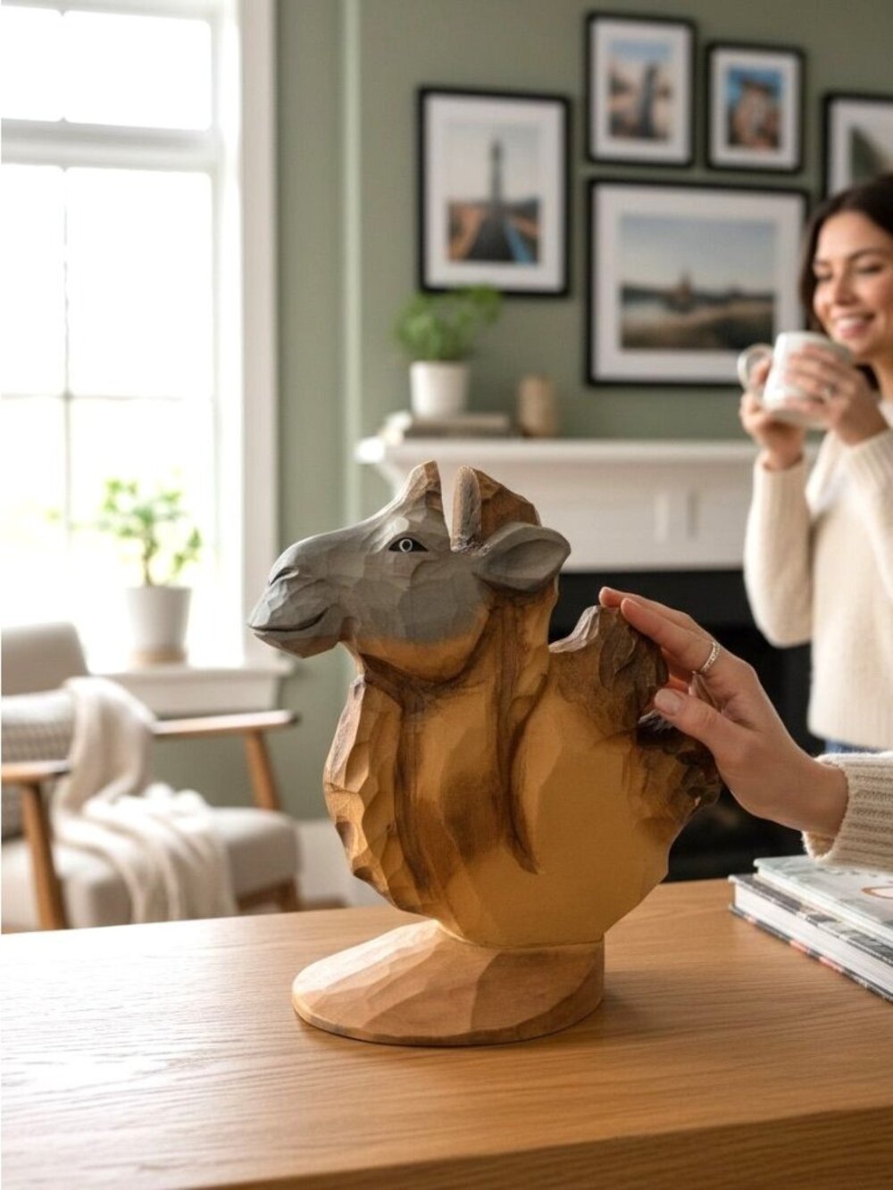 Hand-Carved Wooden Camel Sculpture On Base Eyeglass/Sunglass Holder Stand